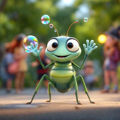 The primary subject of the image is a green cartoon character, possibly a grasshopper or a similar insect, standing on a sidewalk. The character is holding a bubble in its hands and appears to be smiling. The setting is an outdoor environment with a sidewalk and a few other people in the background. The visual style of the image is a digital art or illustration, with the character being depicted in a cartoonish manner. The colors and mood of the image are lively and cheerful, with the
